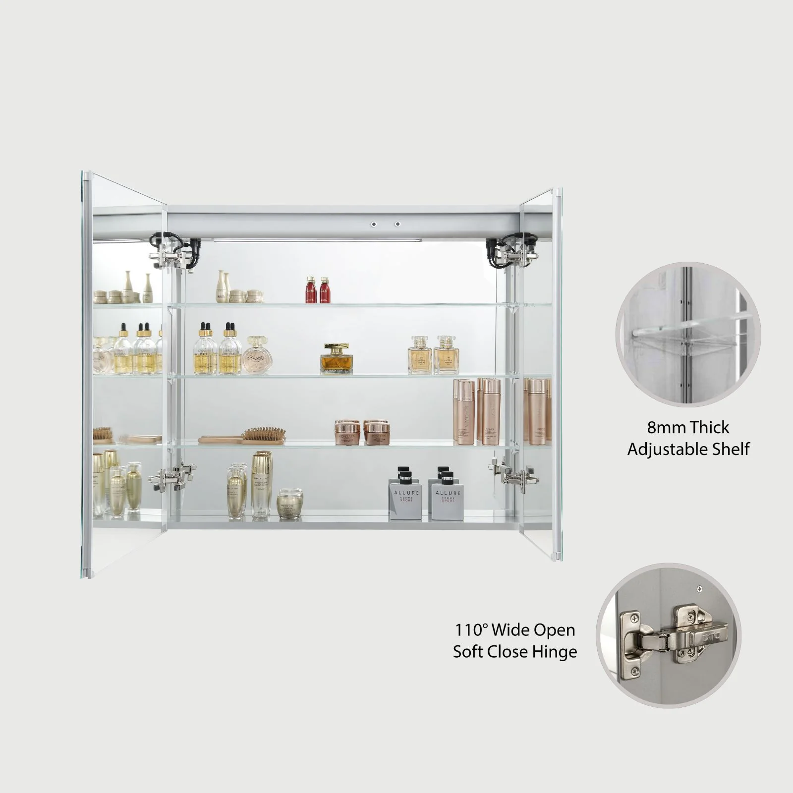 Blossom Vega 36" x 32" LED Mirror Medicine Cabinet - 2 Doors, Defogger, 3 Glass Shelves - Image 2