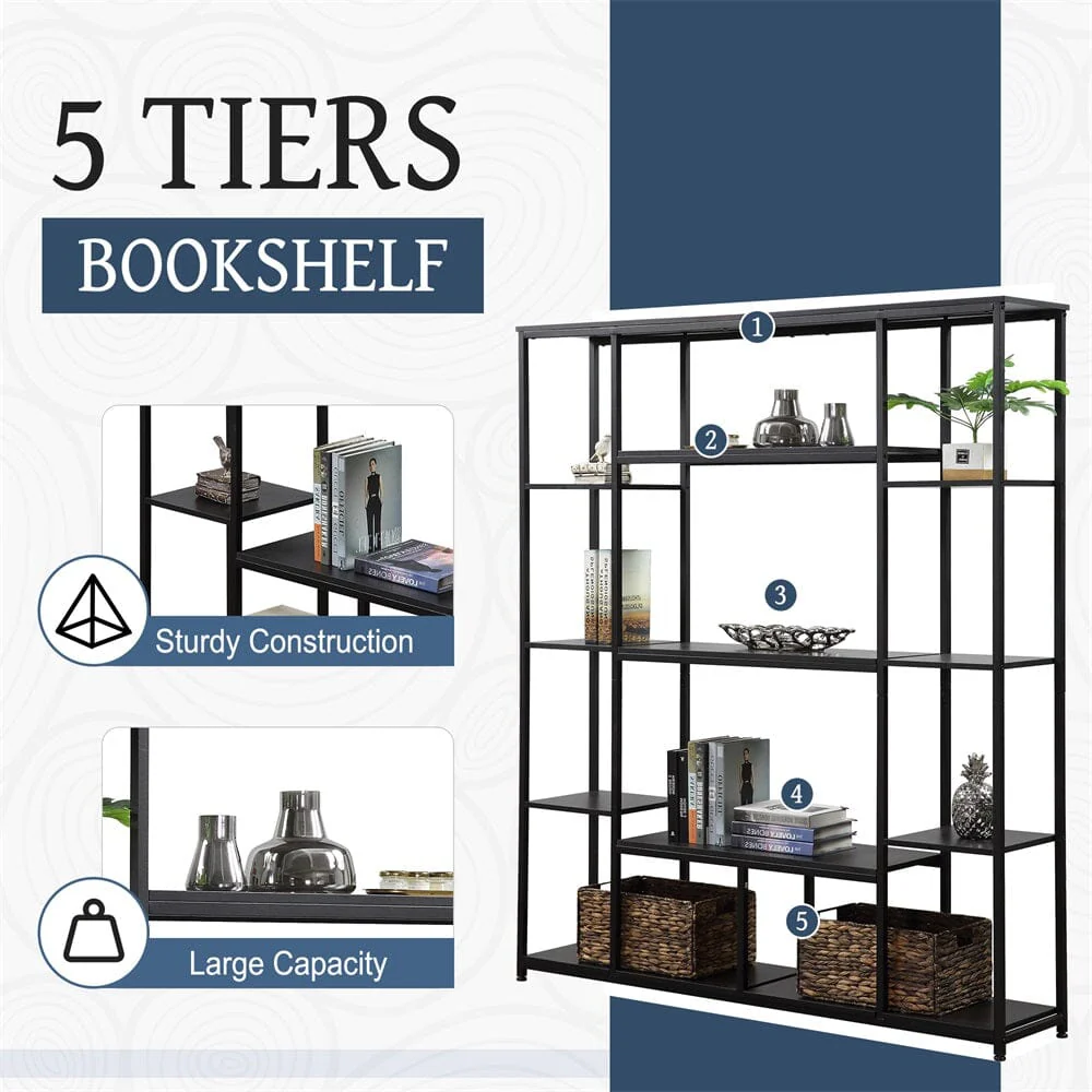 Giving Tree Bookcase and Bookshelf, Home Office 5 Tier Bookshelf, Open Freestanding Storage Shelf with Metal Frame, Black - Image 4