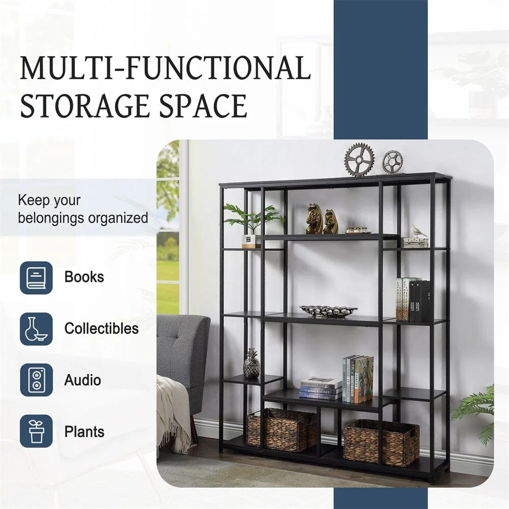 Giving Tree Bookcase and Bookshelf, Home Office 5 Tier Bookshelf, Open Freestanding Storage Shelf with Metal Frame, Black - Image 6