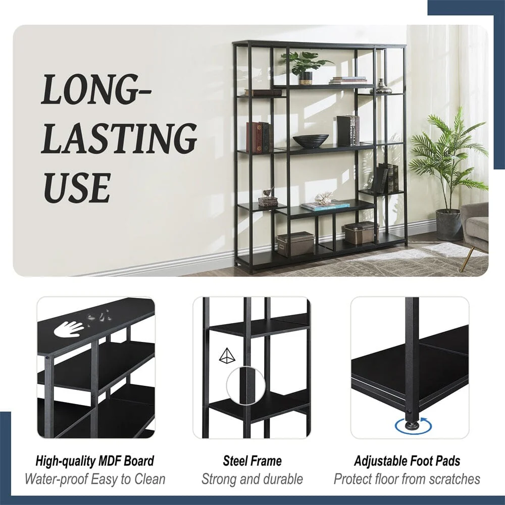 Giving Tree Bookcase and Bookshelf, Home Office 5 Tier Bookshelf, Open Freestanding Storage Shelf with Metal Frame, Black - Image 7