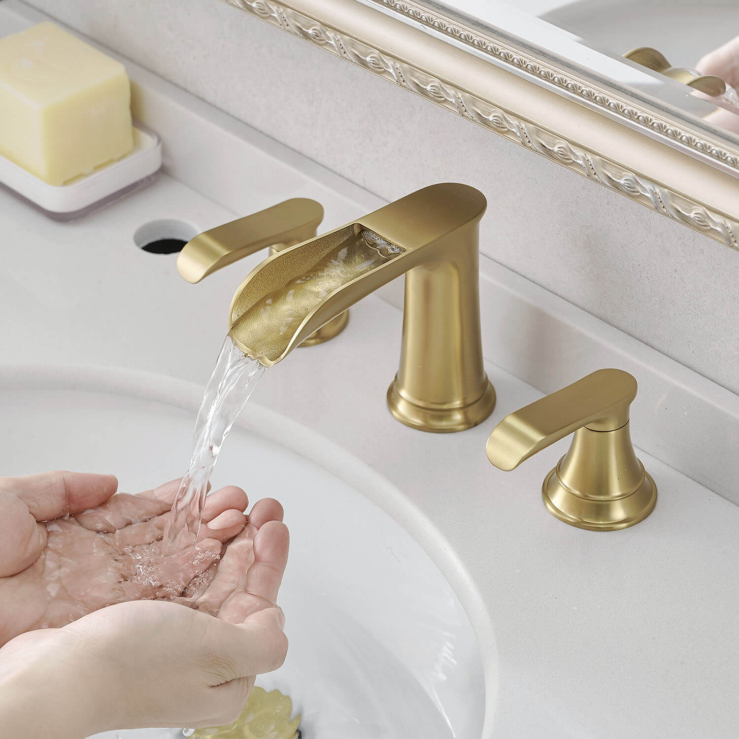 Brushed Gold 8 Inch Waterfall Bathroom Faucet With 2 Handle and Pop Up Drain