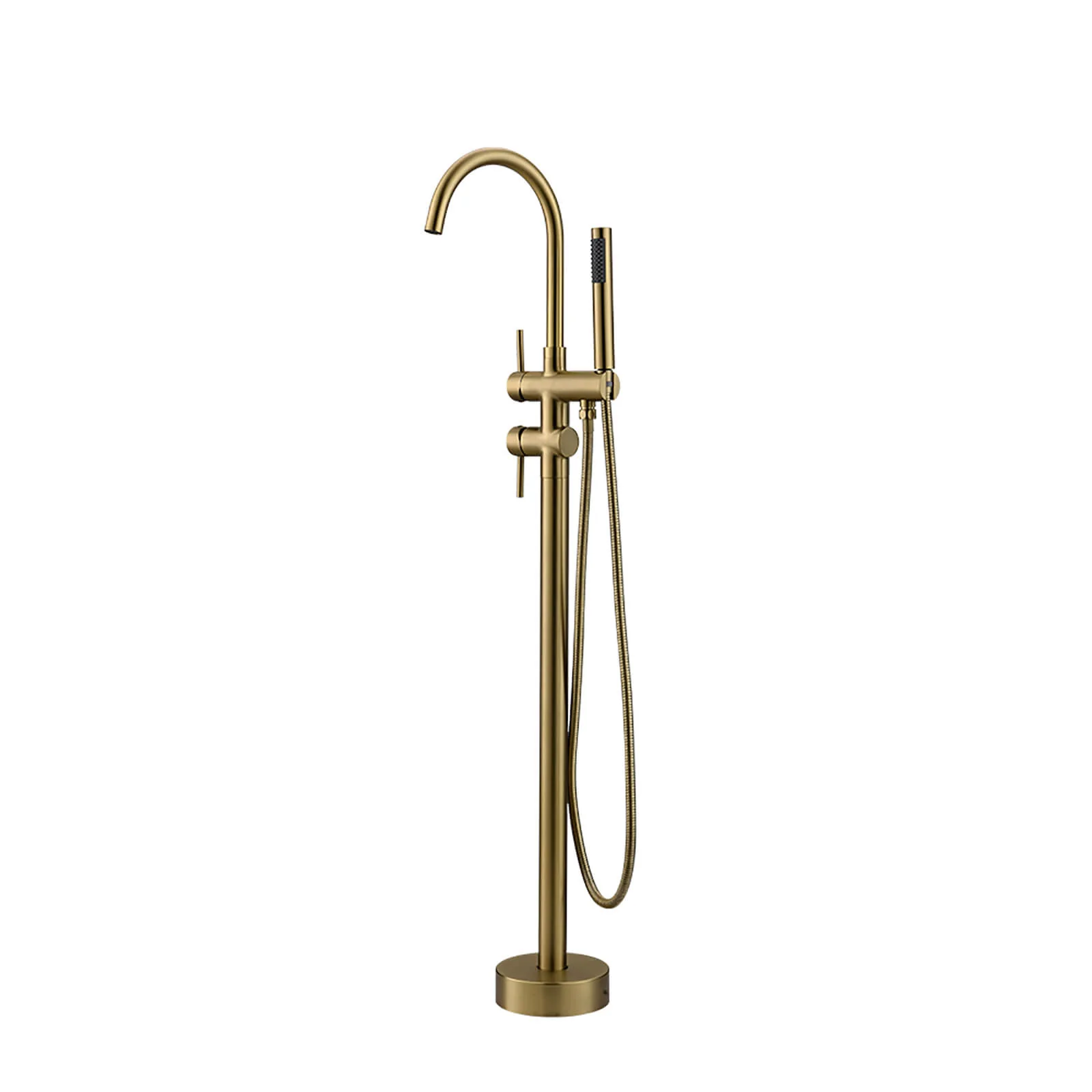Brushed Gold Freestanding Tub Faucet with Dual Handles and Hand Shower - Image 10