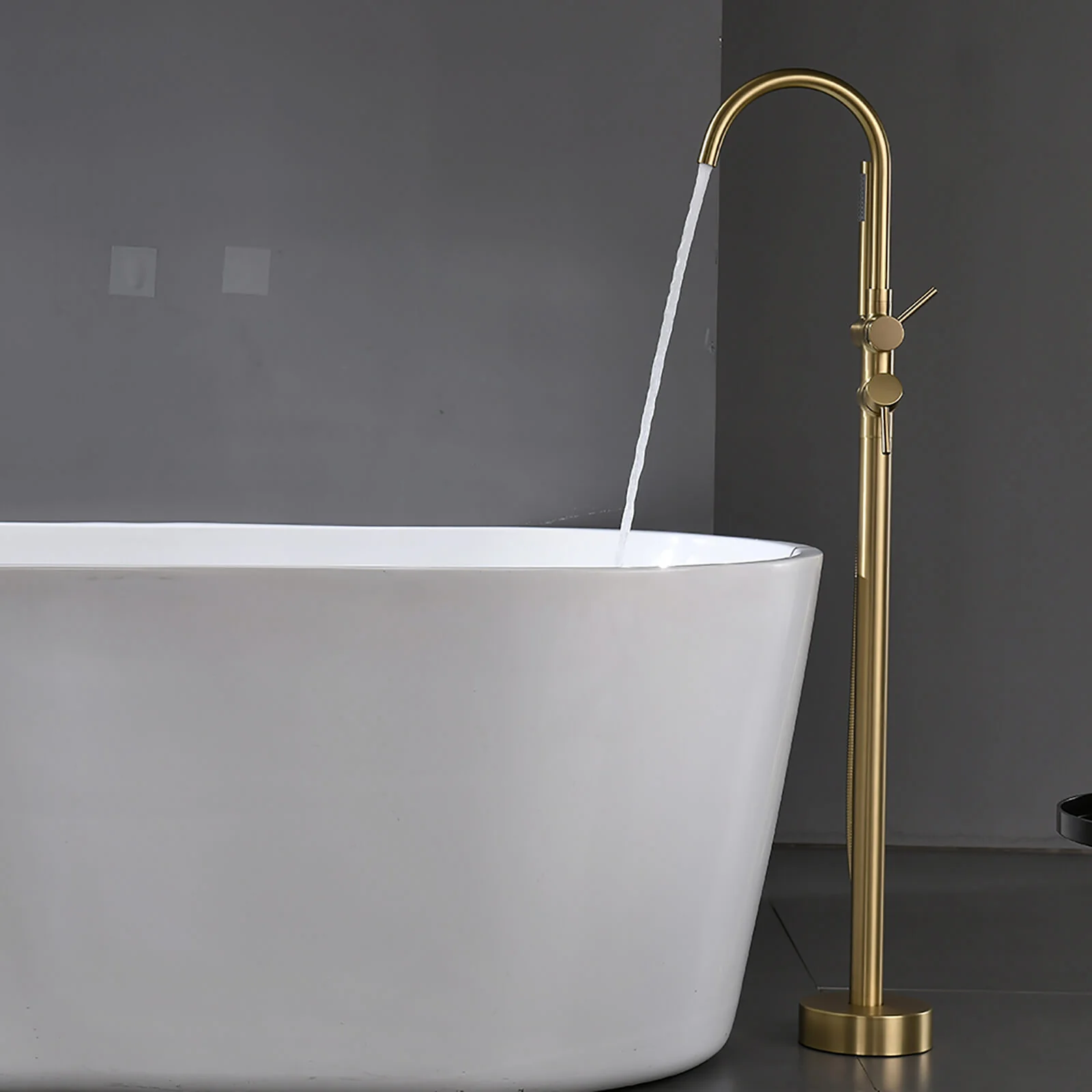 Brushed Gold Freestanding Tub Faucet with Dual Handles and Hand Shower - Image 4