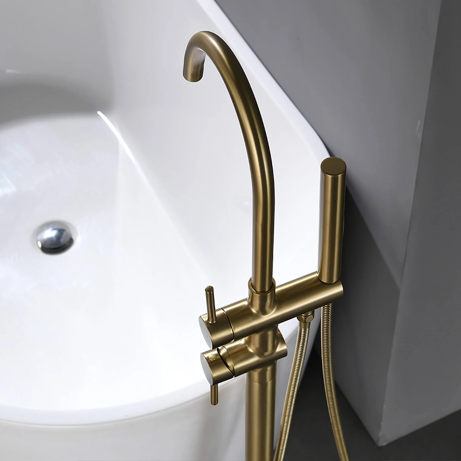 Brushed Gold Freestanding Tub Faucet with Dual Handles and Hand Shower - Image 6
