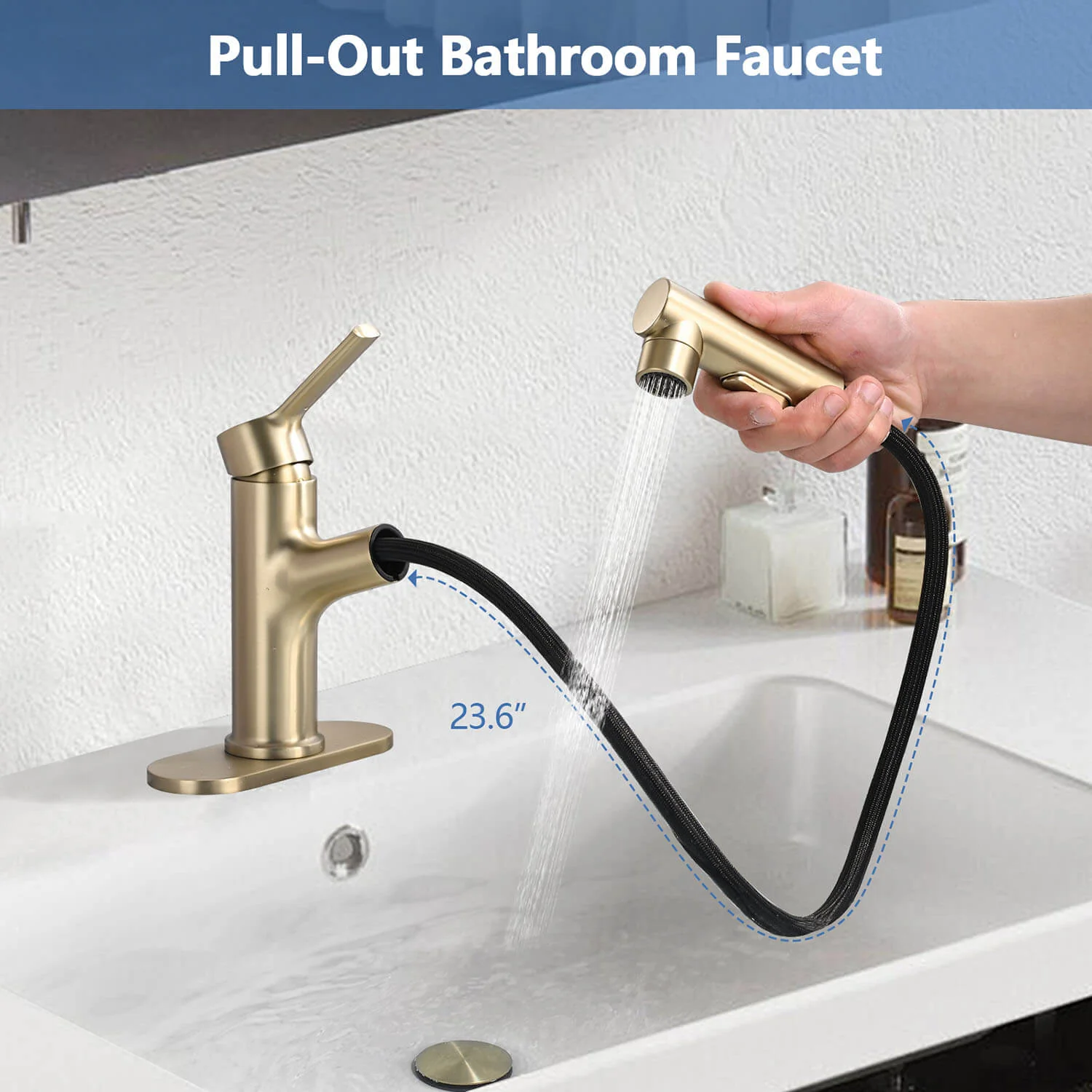 Brushed Gold Pull-Down Bathroom Faucet with Pop-Up Drain & Deck Plate - Image 2