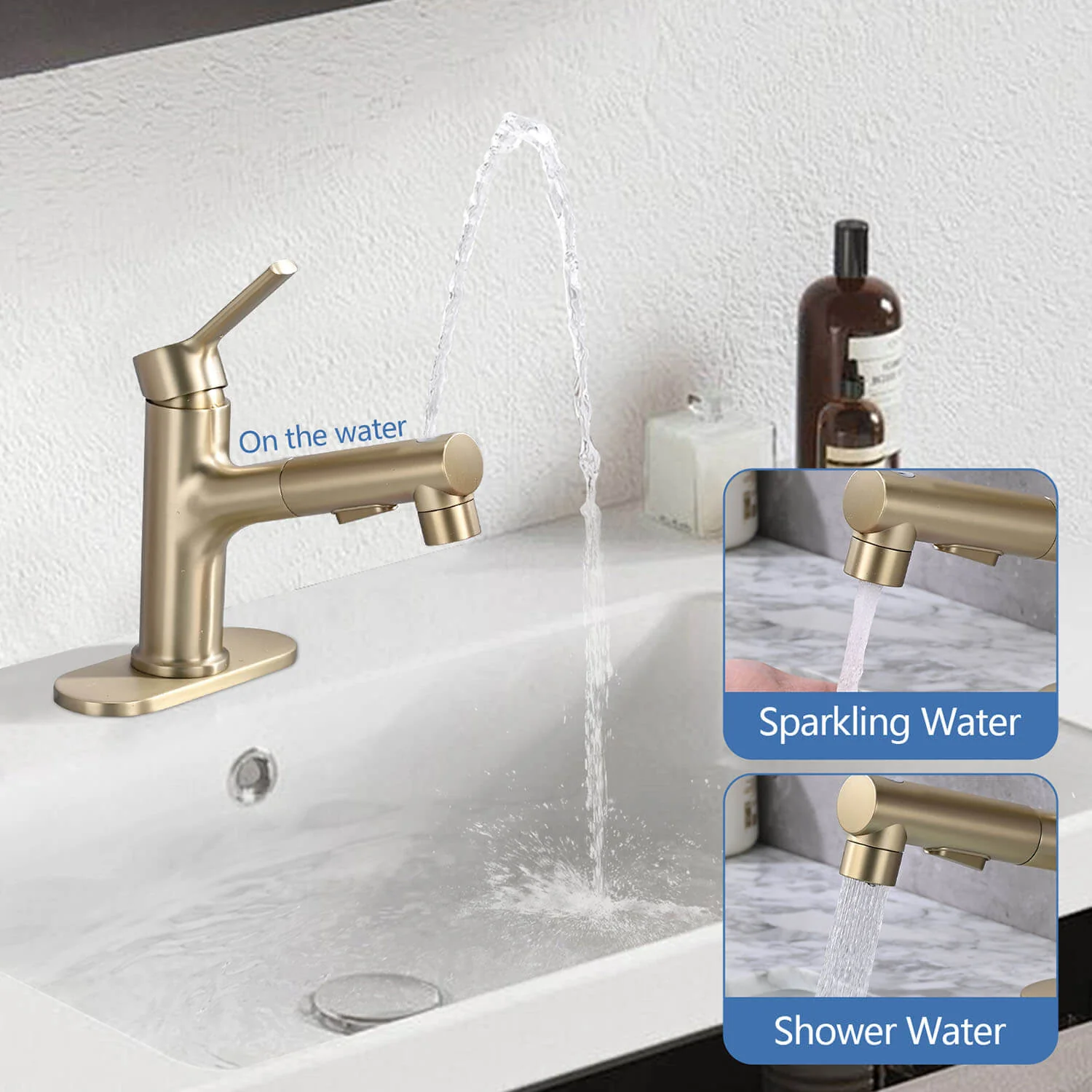 Brushed Gold Pull-Down Bathroom Faucet with Pop-Up Drain & Deck Plate - Image 3