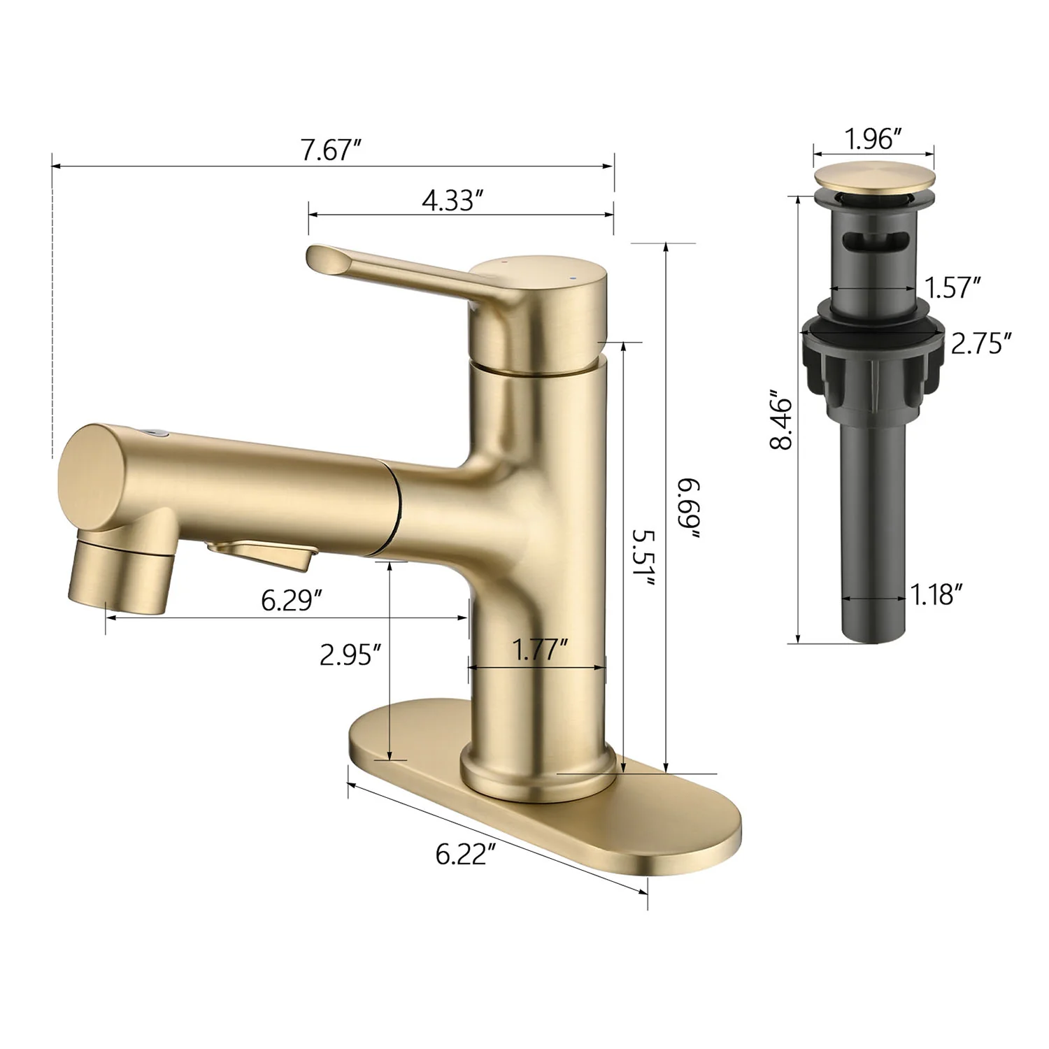 Brushed Gold Pull-Down Bathroom Faucet with Pop-Up Drain & Deck Plate - Image 8