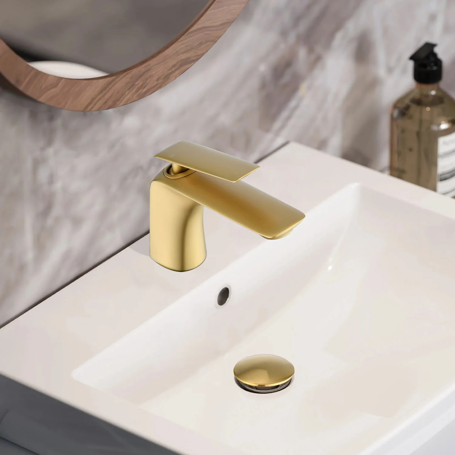 Brushed Gold Single Handle Single Hole Bathroom Sink Faucet with Pop-Up Drain - Image 2