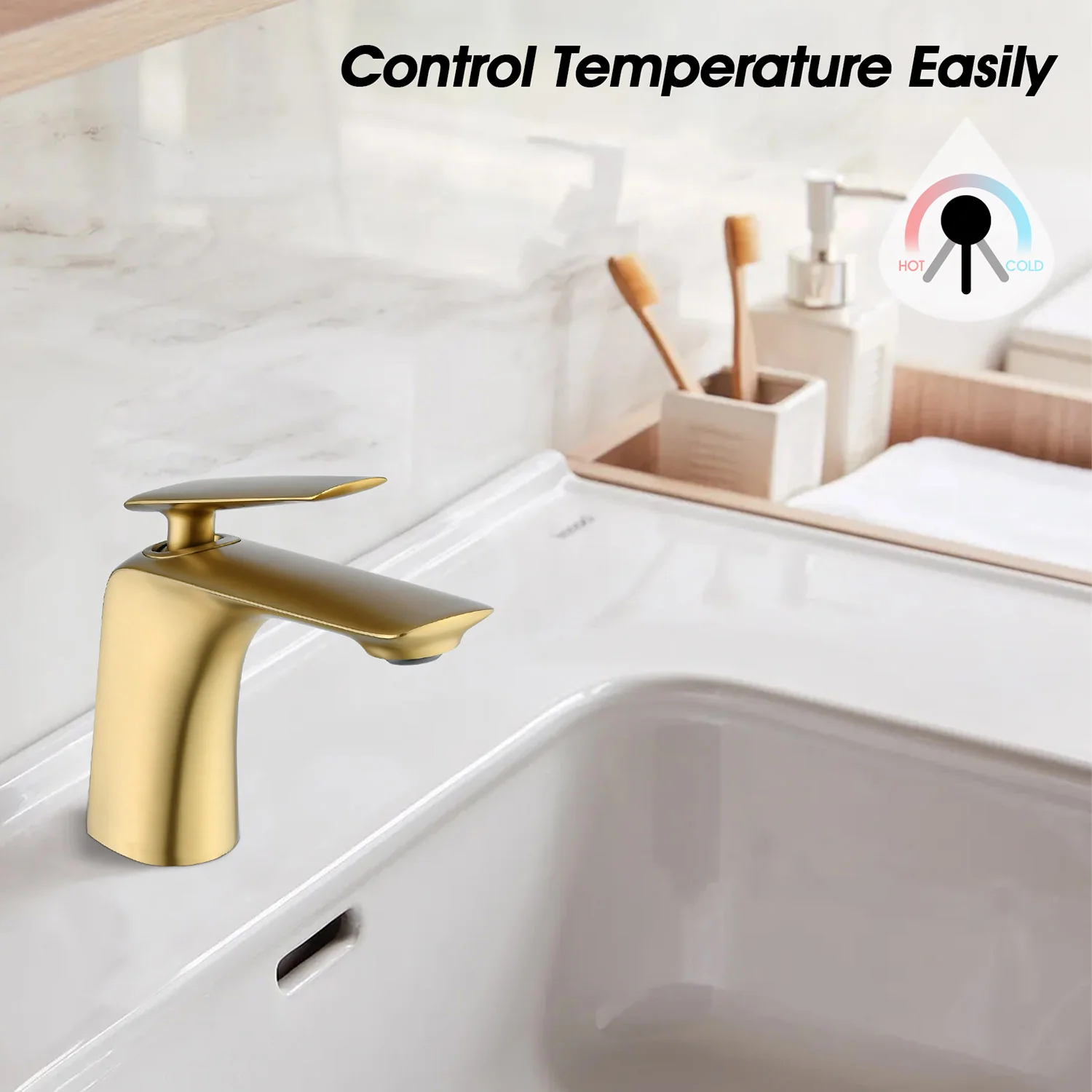 Brushed Gold Single Handle Single Hole Bathroom Sink Faucet with Pop-Up Drain - Image 4