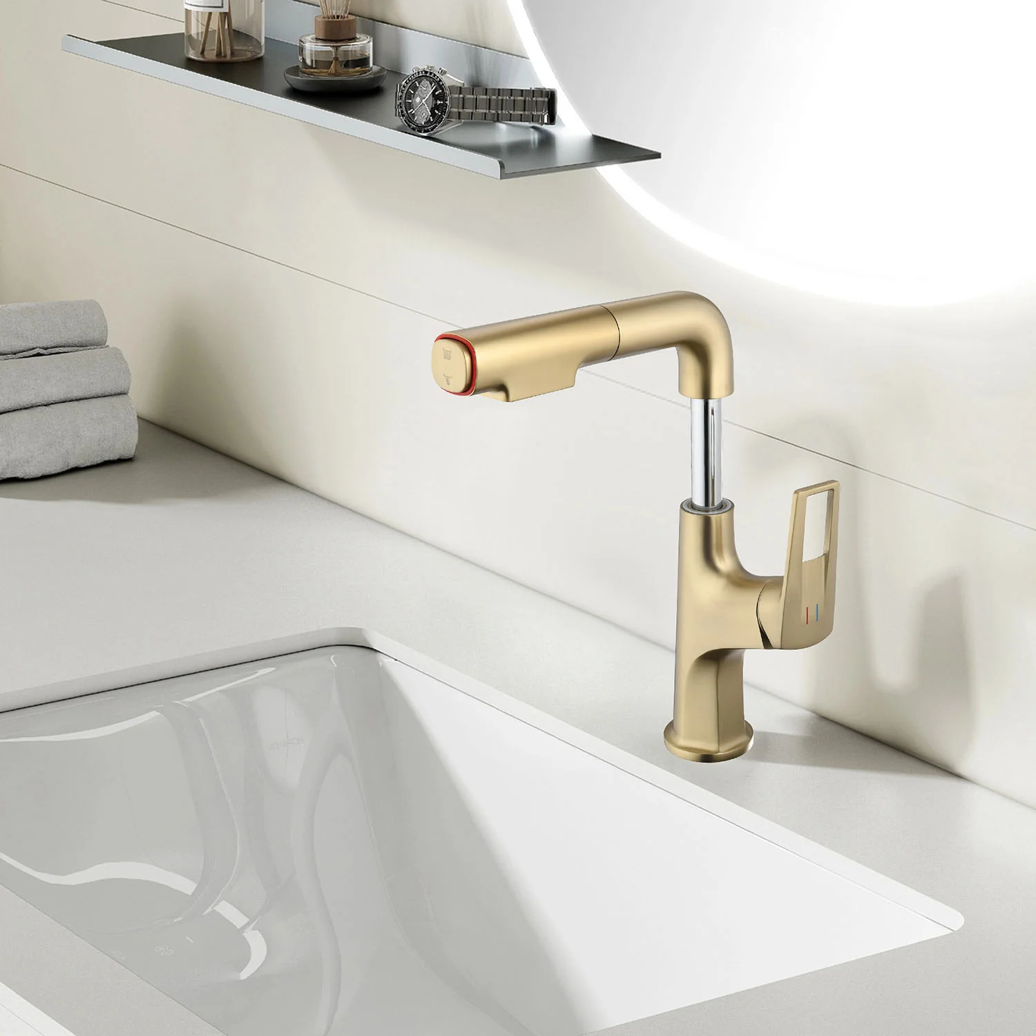 Brushed Gold Single Hole Pull-Down Bathroom Faucet with Lift Spout & Dual Spray Modes