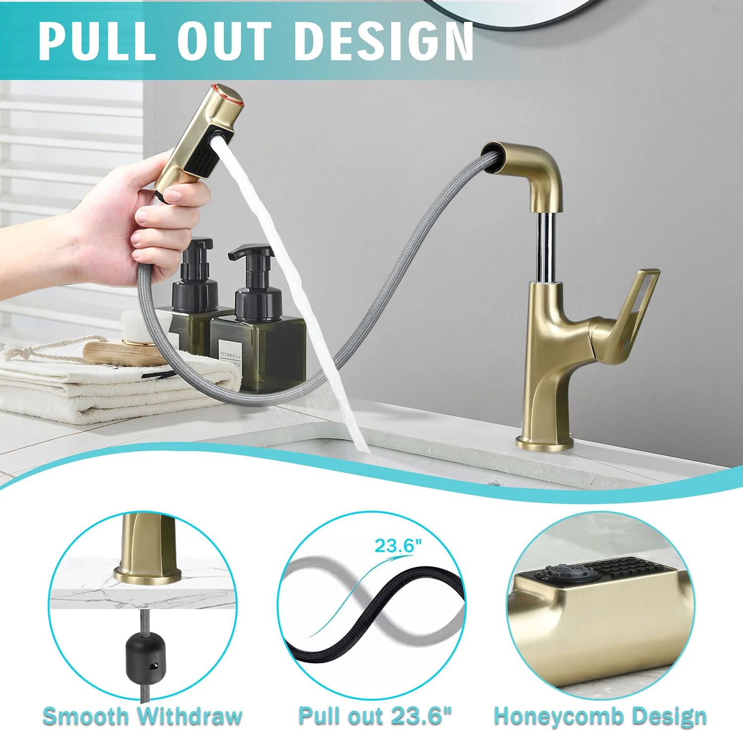 Brushed Gold Single Hole Pull-Down Bathroom Faucet with Lift Spout & Dual Spray Modes - Image 2