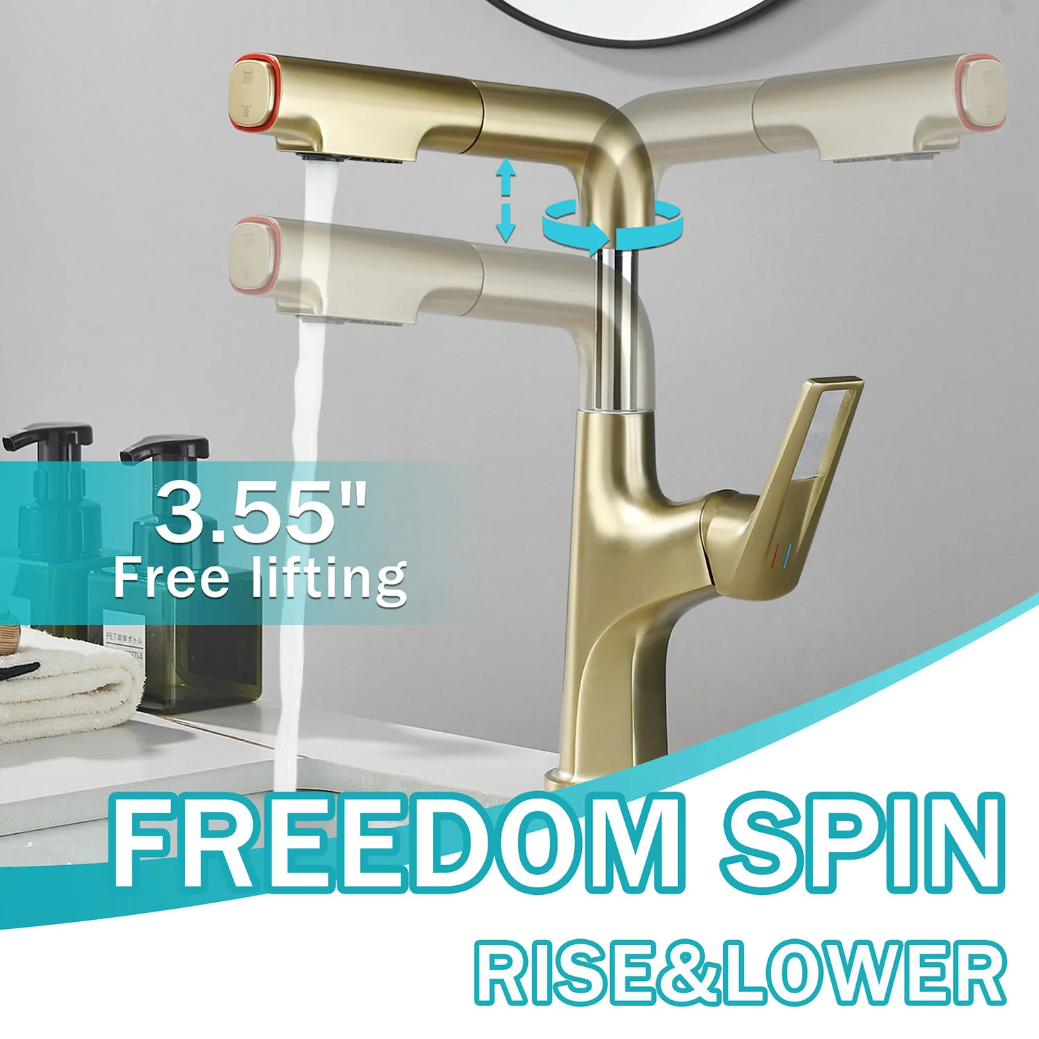 Brushed Gold Single Hole Pull-Down Bathroom Faucet with Lift Spout & Dual Spray Modes - Image 3