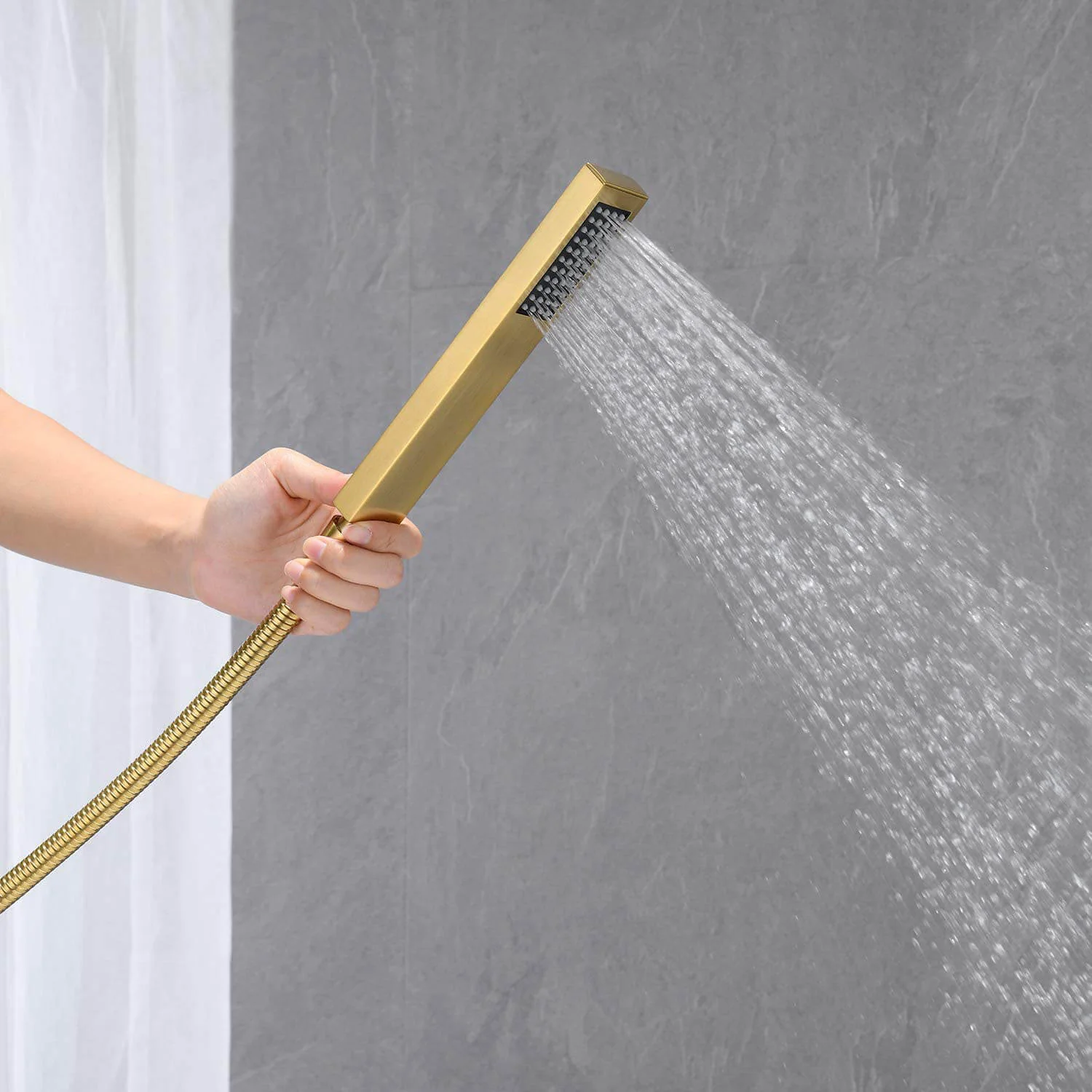 Brushed Gold Waterfall Freestanding Bathtub Faucet with Hand Shower - Image 4