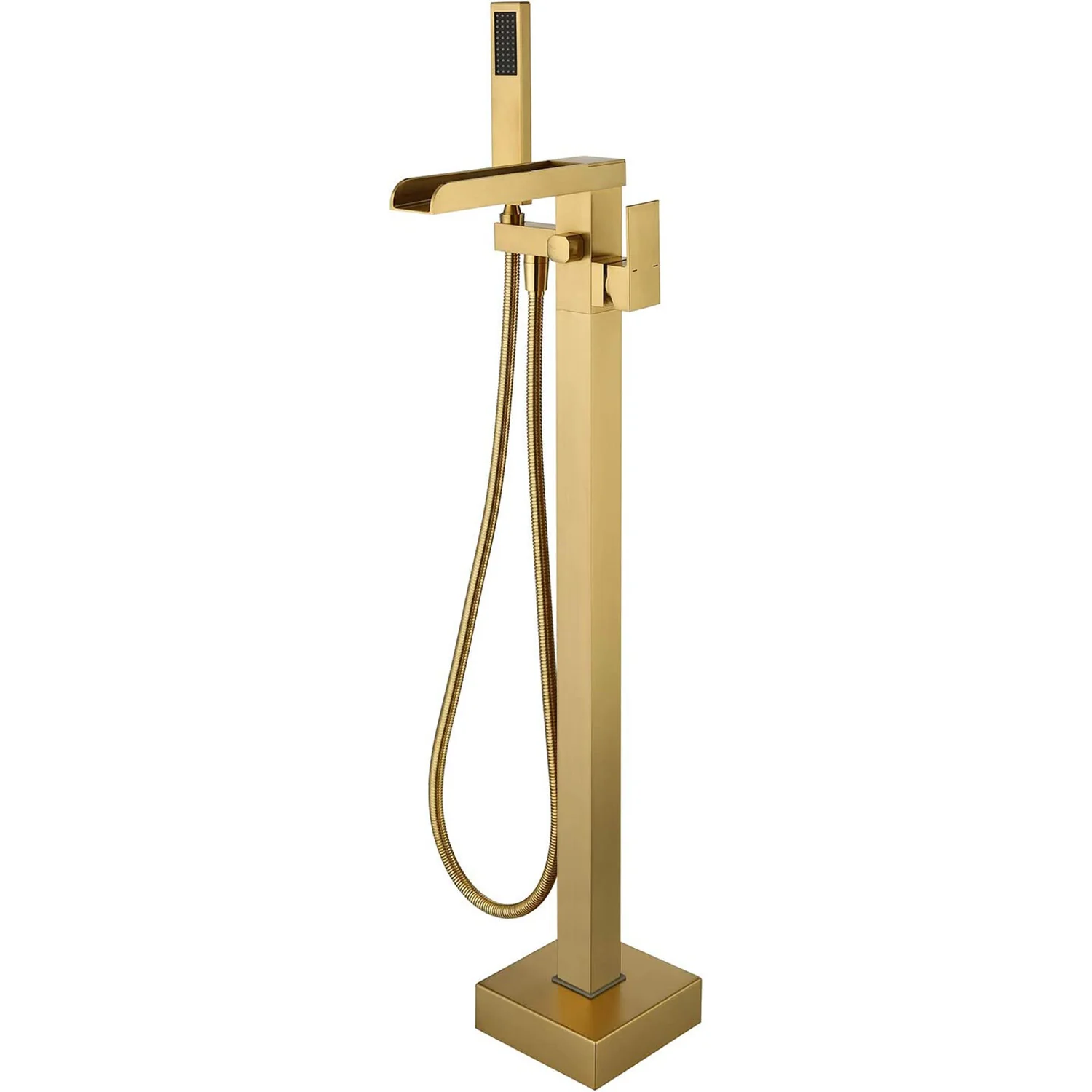 Brushed Gold Waterfall Freestanding Bathtub Faucet with Hand Shower - Image 5