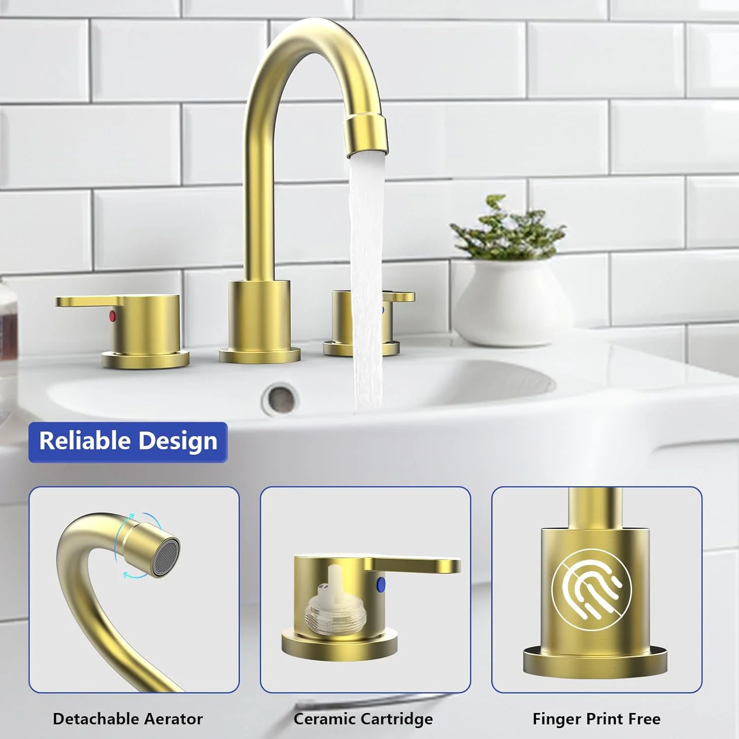 Brushed Gold 8 Inch Widespread Bathroom Sink Faucet with Pop Up Drain Assembly - Image 2