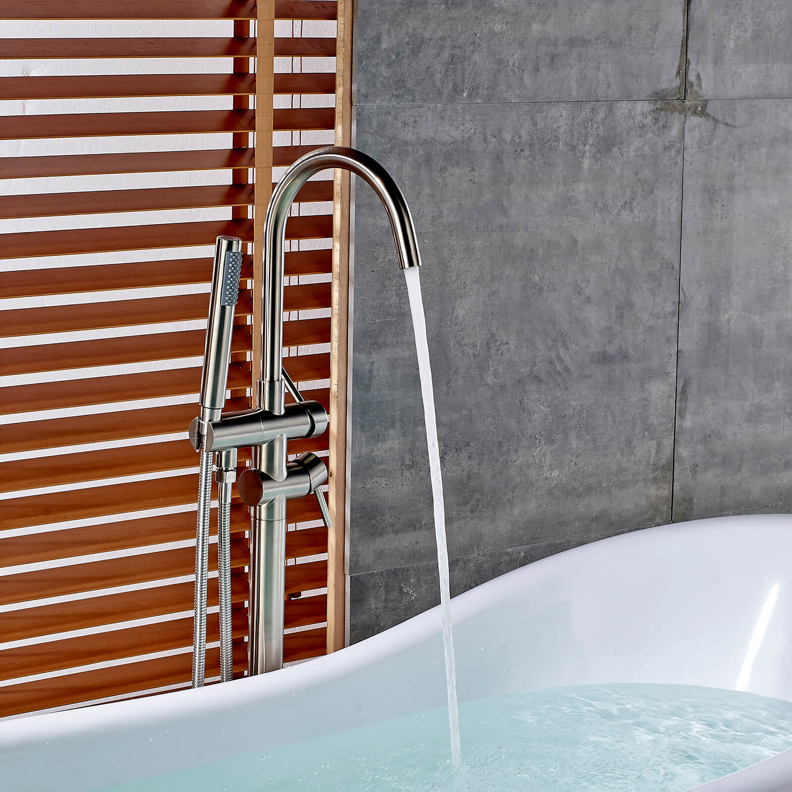 Brushed Nickel Freestanding Tub Faucet with Dual Handles and Hand Shower - Image 4