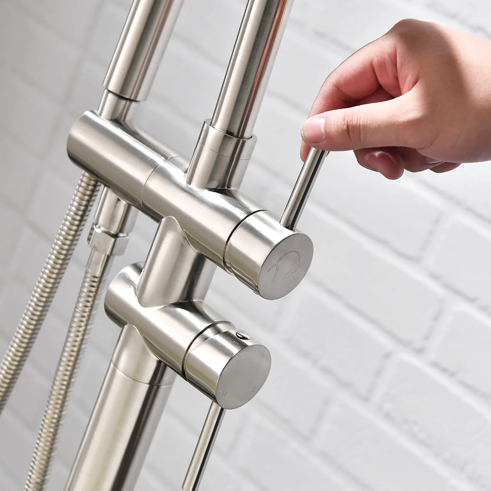 Brushed Nickel Freestanding Tub Faucet with Dual Handles and Hand Shower - Image 5