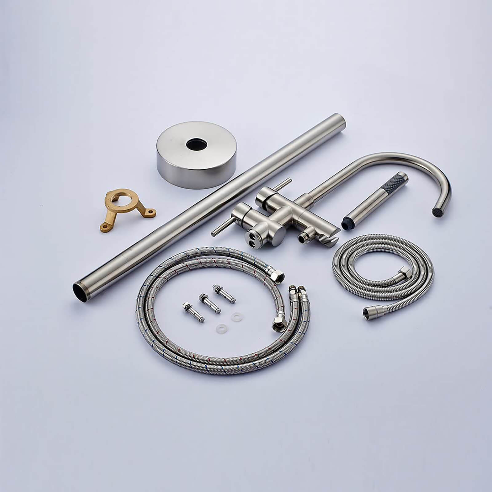 Brushed Nickel Freestanding Tub Faucet with Dual Handles and Hand Shower - Image 6