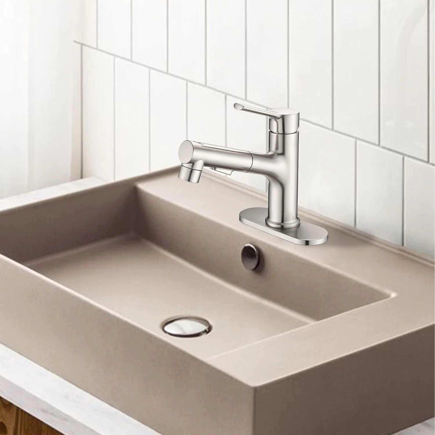Brushed Nickel Pull-Down Bathroom Faucet with Pop-Up Drain & Deck Plate