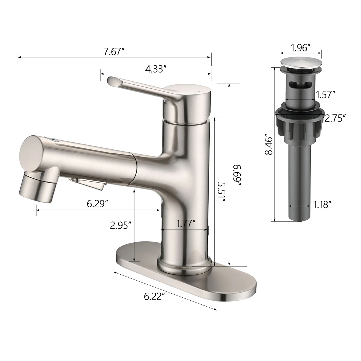 Brushed Nickel Pull-Down Bathroom Faucet with Pop-Up Drain & Deck Plate - Image 8