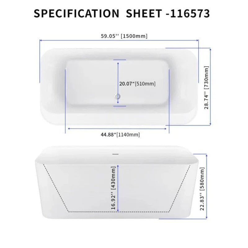 Mokleba 59" Acrylic Rectangular Shape Flatbottom Freestanding Bathtub White - Image 9