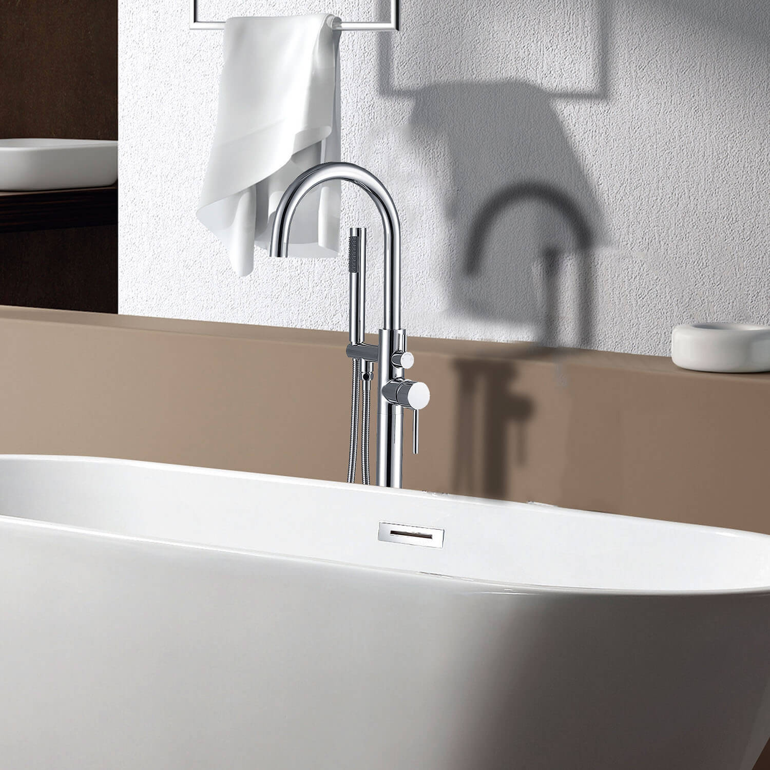 Chrome Independent Freestanding Tub Faucet with Handheld Shower - Image 5