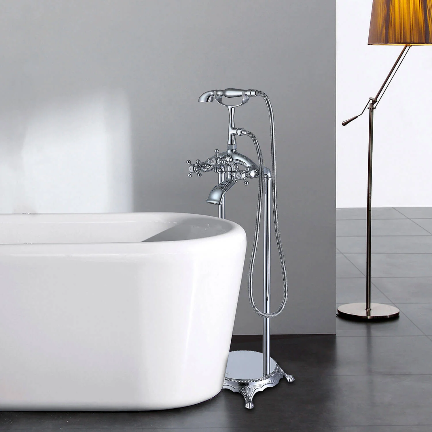 Chrome Retro Independent Freestanding Tub Filler Faucet with Hand Shower - Image 2