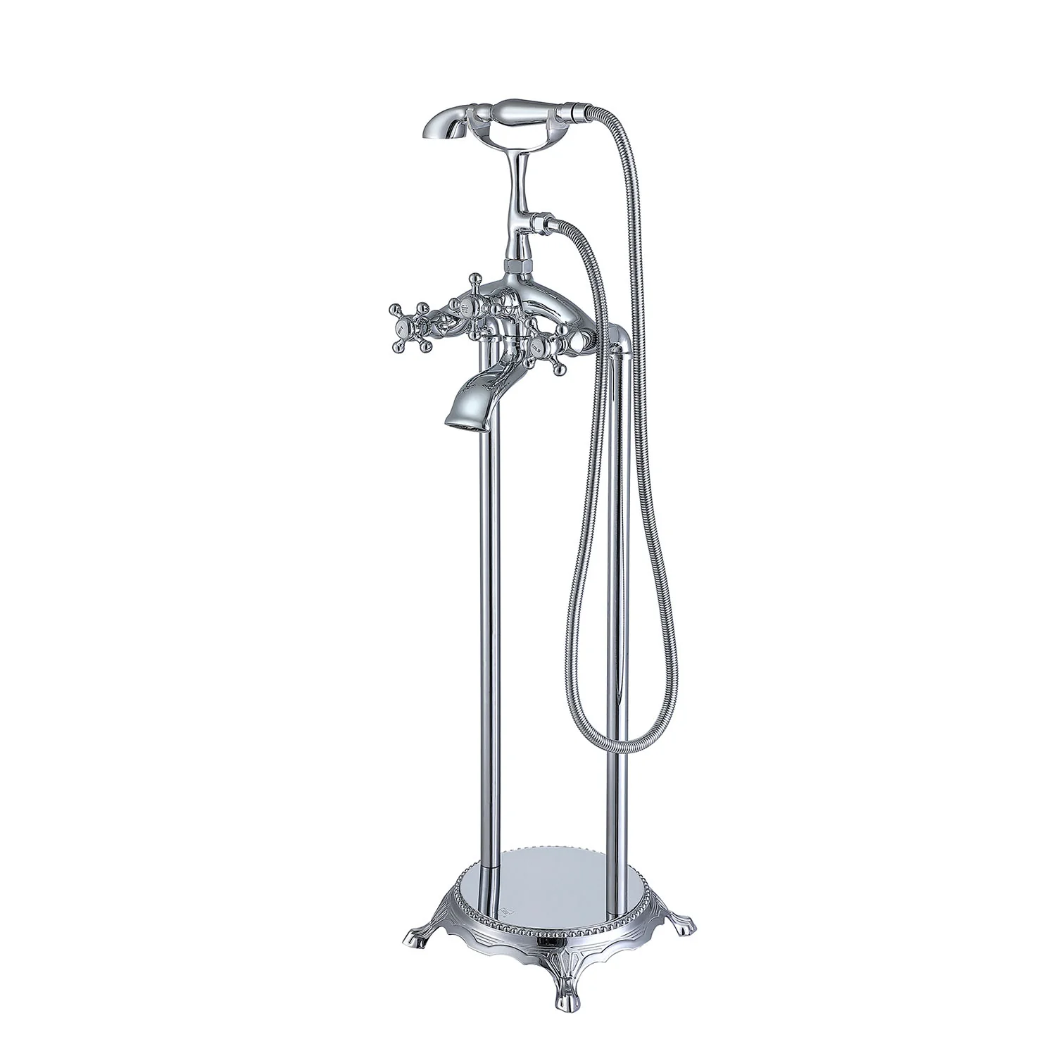Chrome Retro Independent Freestanding Tub Filler Faucet with Hand Shower - Image 4