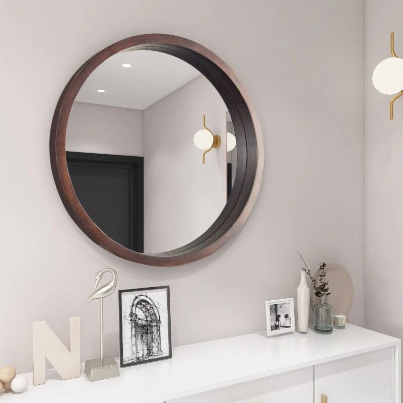 24" Round Modern Mirror with Wood Frame Decoration for Bathroom Living Room Bedroom - Image 3