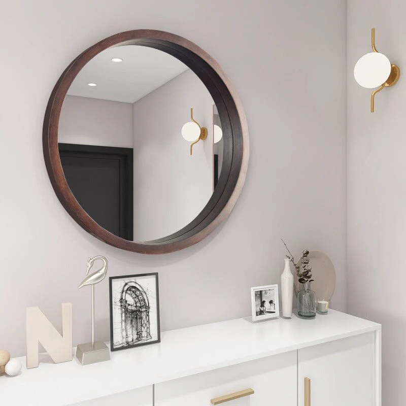 24" Round Modern Mirror with Wood Frame Decoration for Bathroom Living Room Bedroom - Image 4