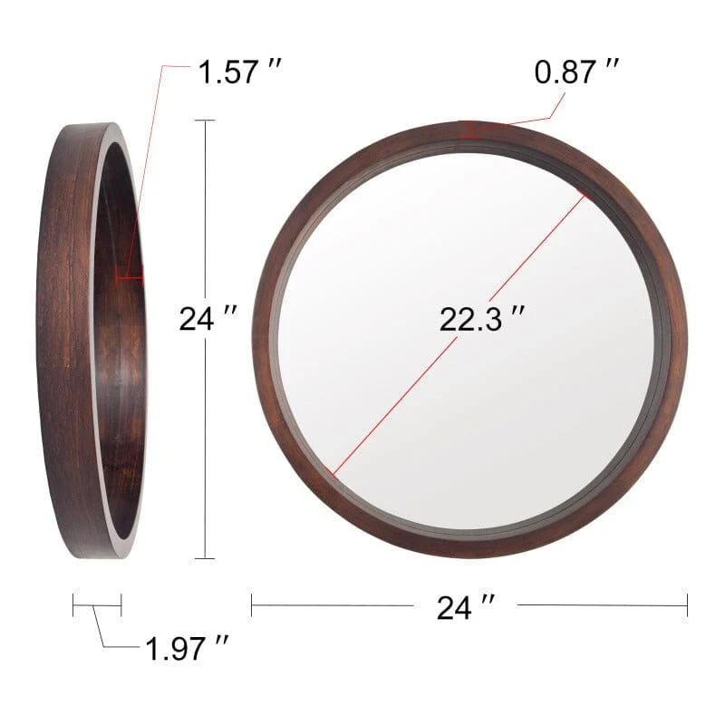 24" Round Modern Mirror with Wood Frame Decoration for Bathroom Living Room Bedroom - Image 7