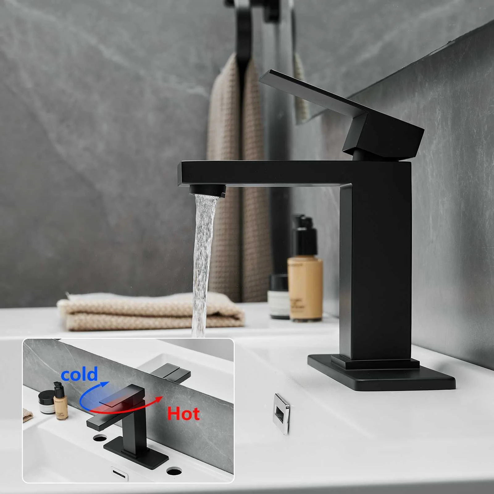 Deck Plate Pop-Up Drain Single Handle Waterfall Bathroom Supply Lines Faucet, Nickel & Black - Image 2