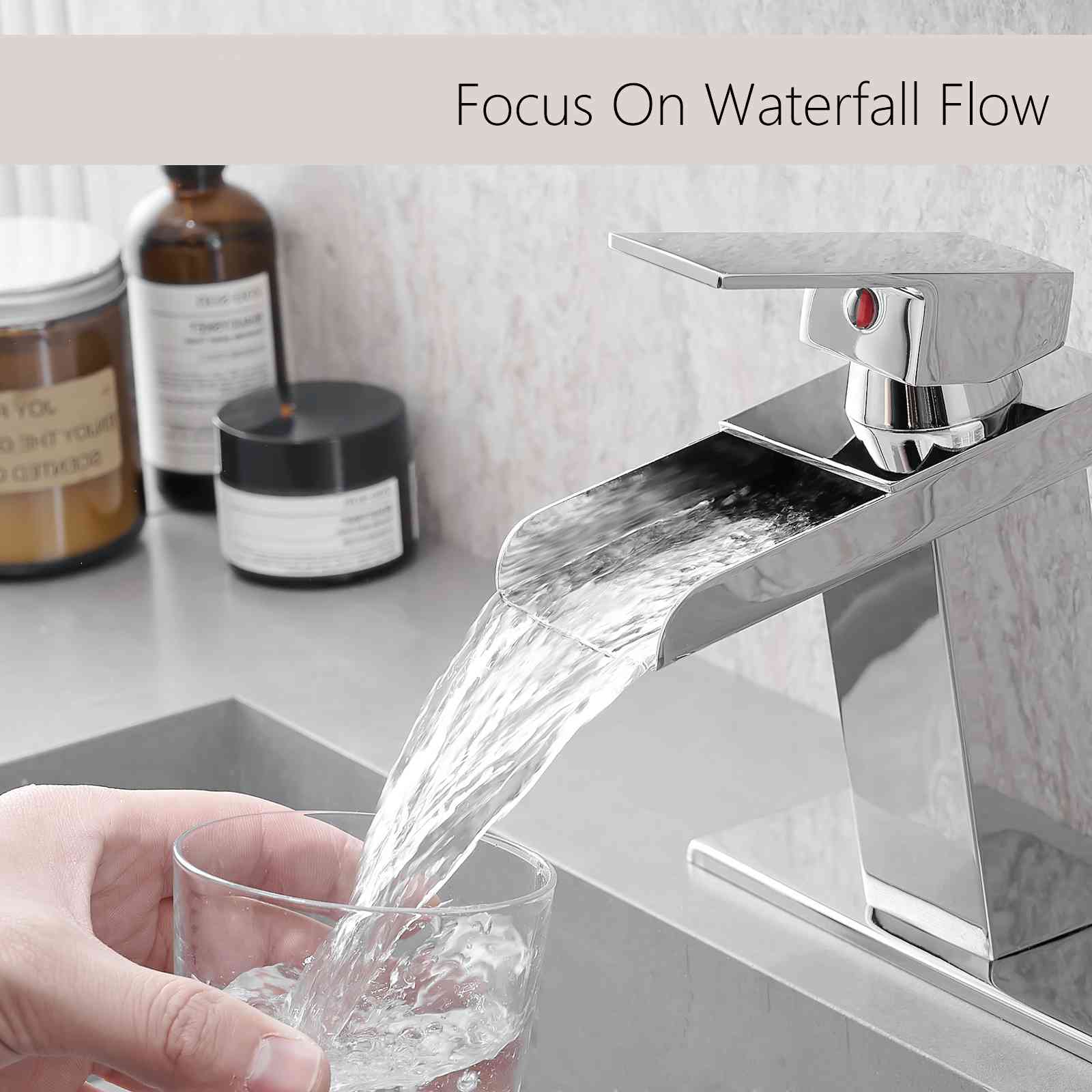 Contemporary Waterfall Bathroom Sink Faucet with Deck Plate (1 or 3-Hole Compatible) - Image 10