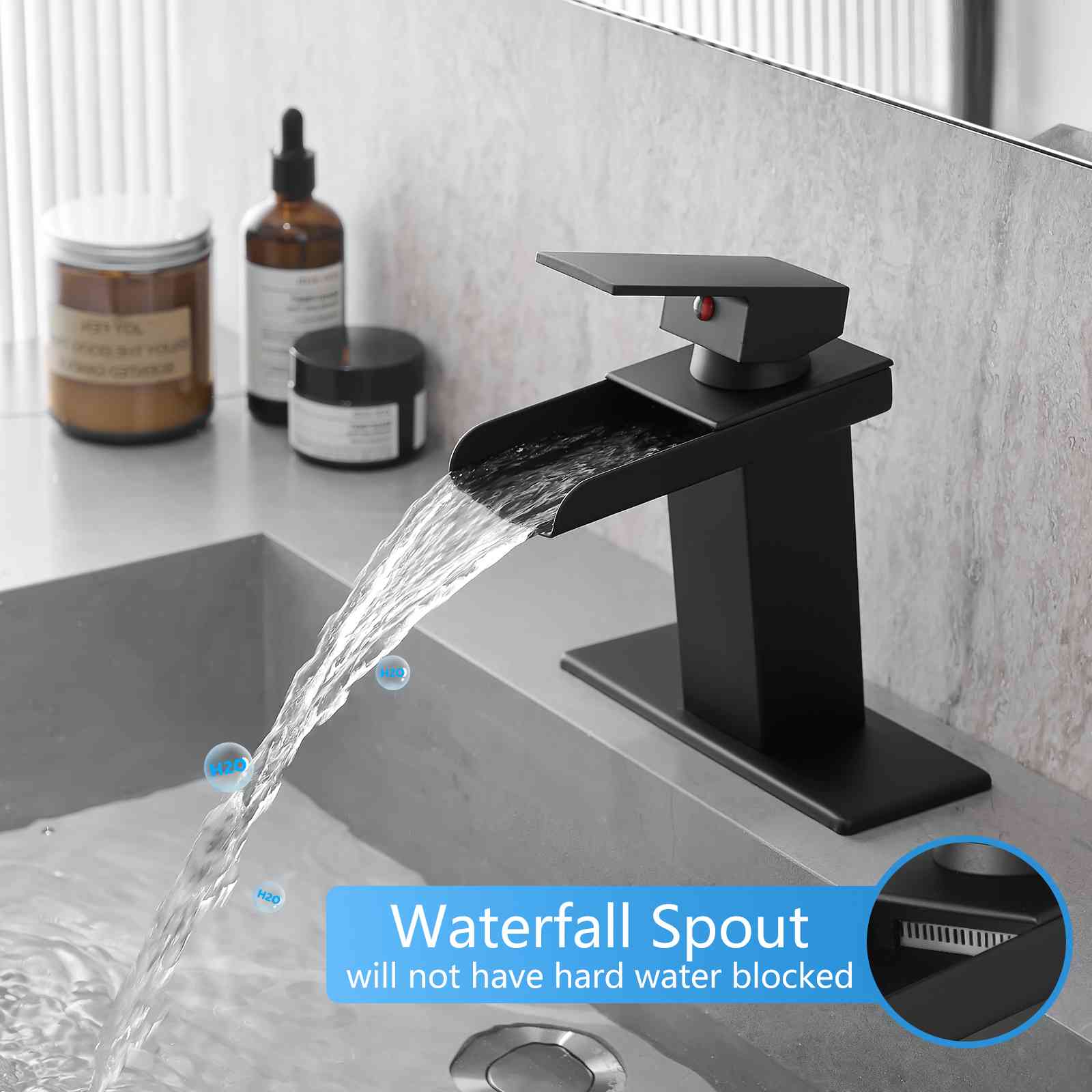 Contemporary Waterfall Bathroom Sink Faucet with Deck Plate (1 or 3-Hole Compatible) - Image 3