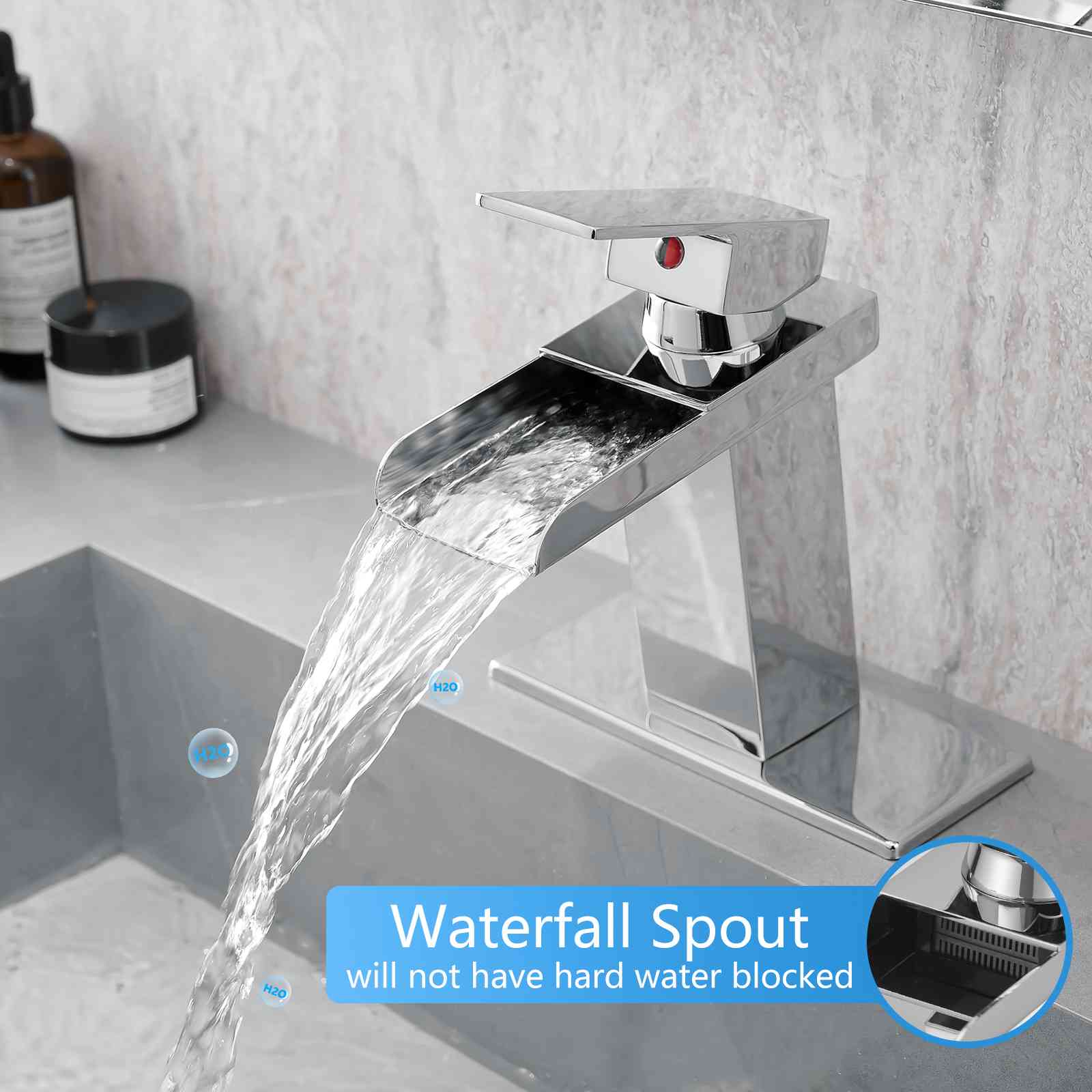 Contemporary Waterfall Bathroom Sink Faucet with Deck Plate (1 or 3-Hole Compatible) - Image 9