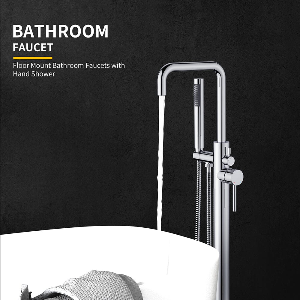Freestanding Tub Filler Floor Mount Chrome Bathtub Faucet with Handheld Shower - Image 3
