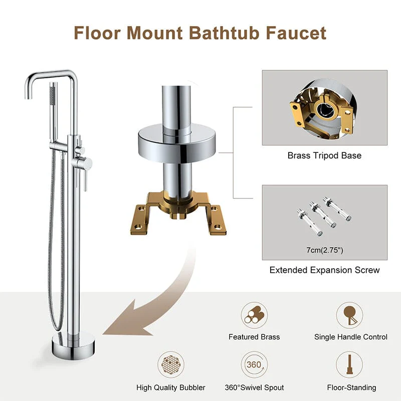 Freestanding Tub Filler Floor Mount Chrome Bathtub Faucet with Handheld Shower - Image 8