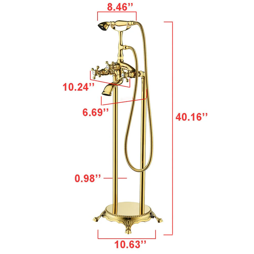 Floor Mount Freestanding Bathtub Faucet with Handheld Shower Gold Retro Style - Image 14