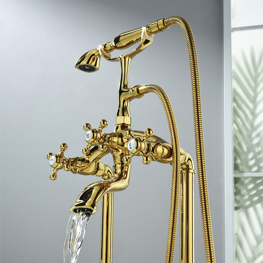 Floor Mount Freestanding Bathtub Faucet with Handheld Shower Gold Retro Style - Image 6