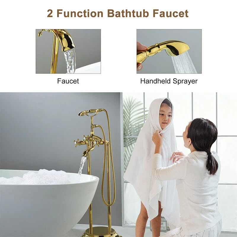 Floor Mount Freestanding Bathtub Faucet with Handheld Shower Gold Retro Style - Image 8