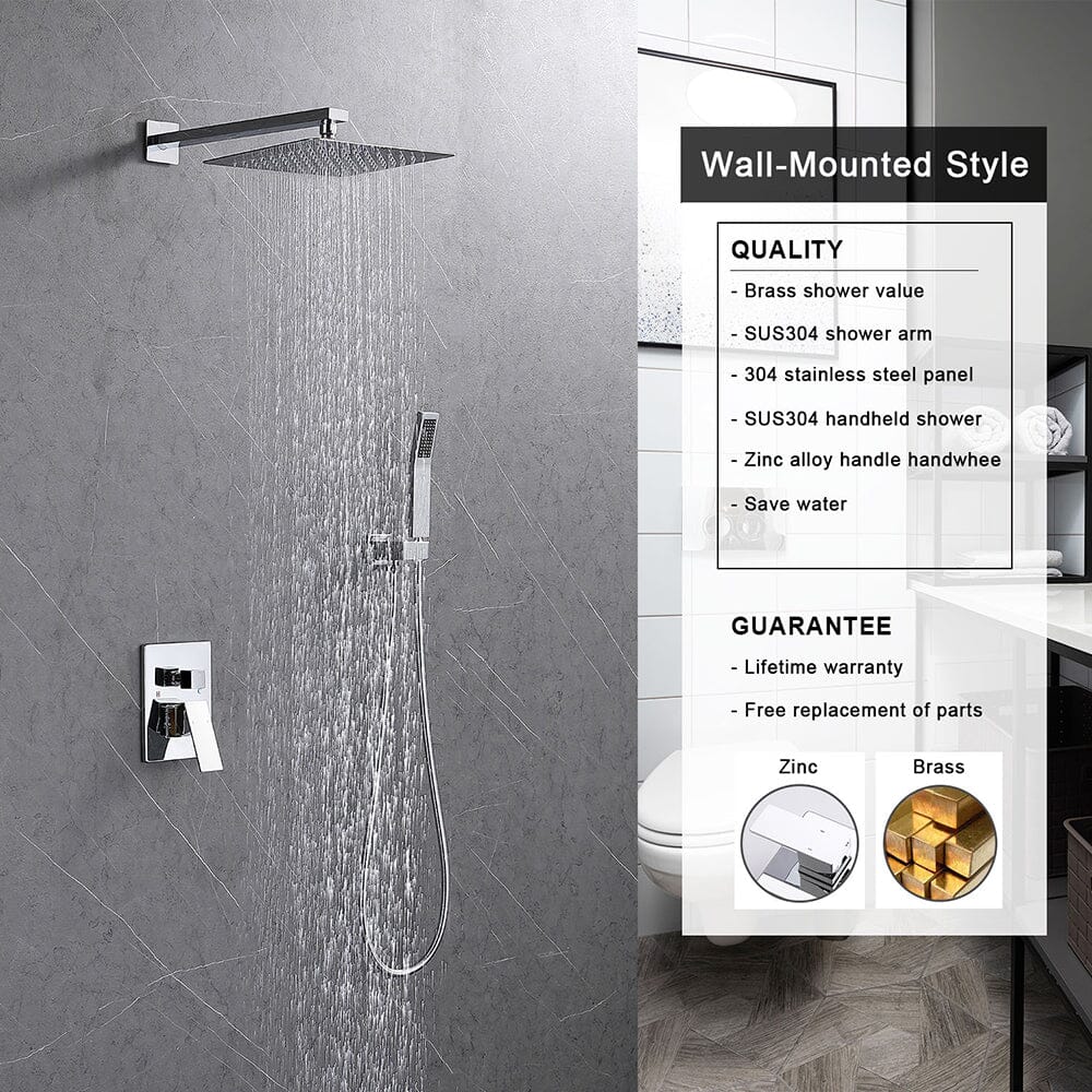 12 inch Single Handle 2-Spray Rain Shower Head Systems Square Wall Mounted Shower - Image 22