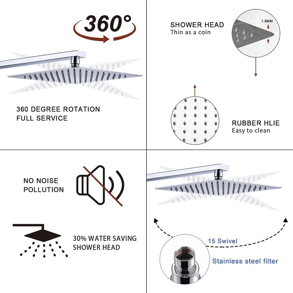 12 inch Single Handle 2-Spray Rain Shower Head Systems Square Wall Mounted Shower - Image 27
