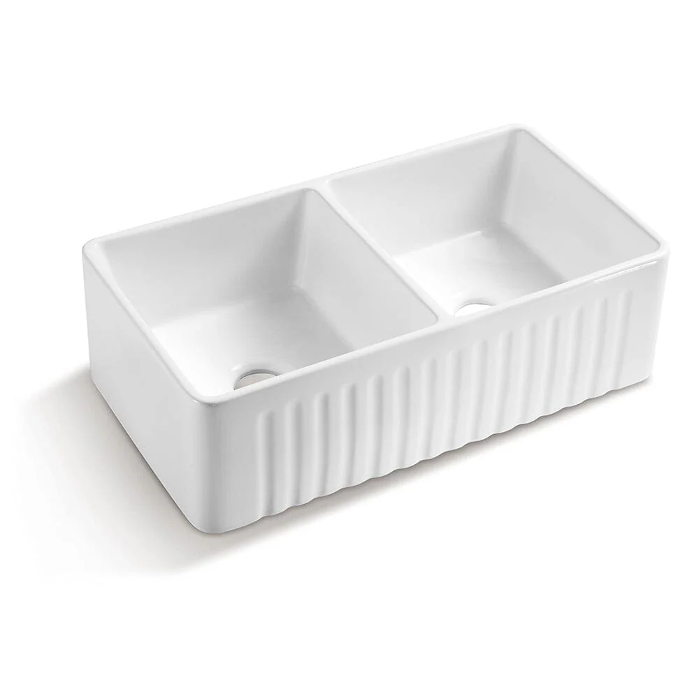 Giving Tree 33'' Ceramic Kitchen Sink Double Bowl Farmhouse Rectangular Vessel White - Image 4