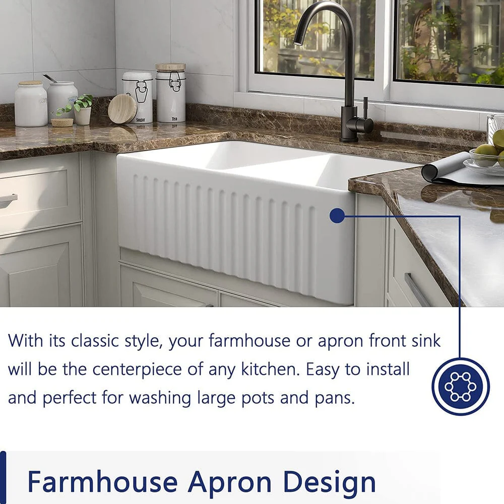 Giving Tree 33'' Ceramic Kitchen Sink Double Bowl Farmhouse Rectangular Vessel White - Image 6