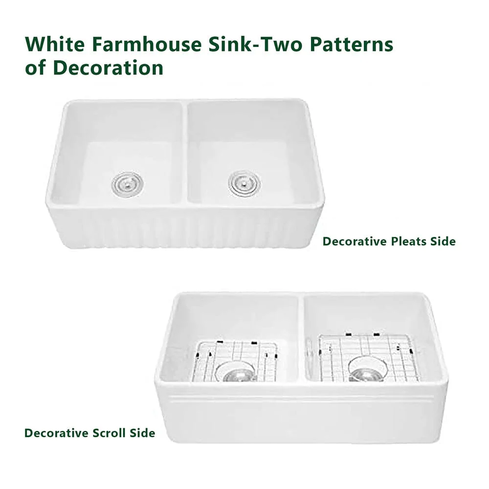 Giving Tree 33'' Ceramic Kitchen Sink Double Bowl Farmhouse Rectangular Vessel White - Image 7