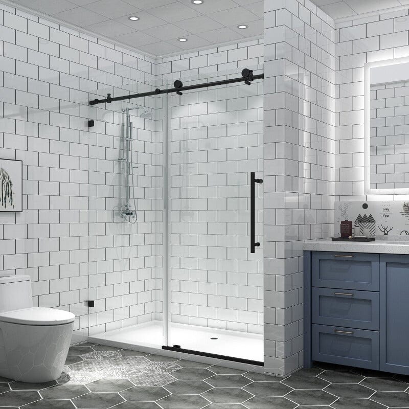 56-60"W x 74"H Frameless Explosion-proof Glass Bathroom Shower Door Two-way Sliding Black - Image 4