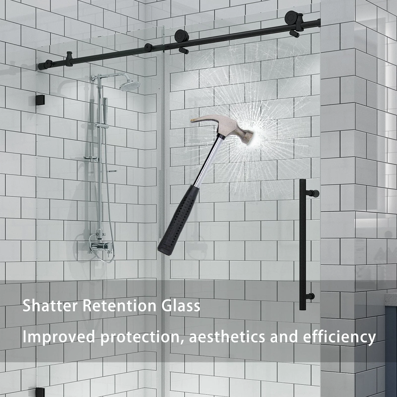 56-60"W x 74"H Frameless Explosion-proof Glass Bathroom Shower Door Two-way Sliding Black - Image 7