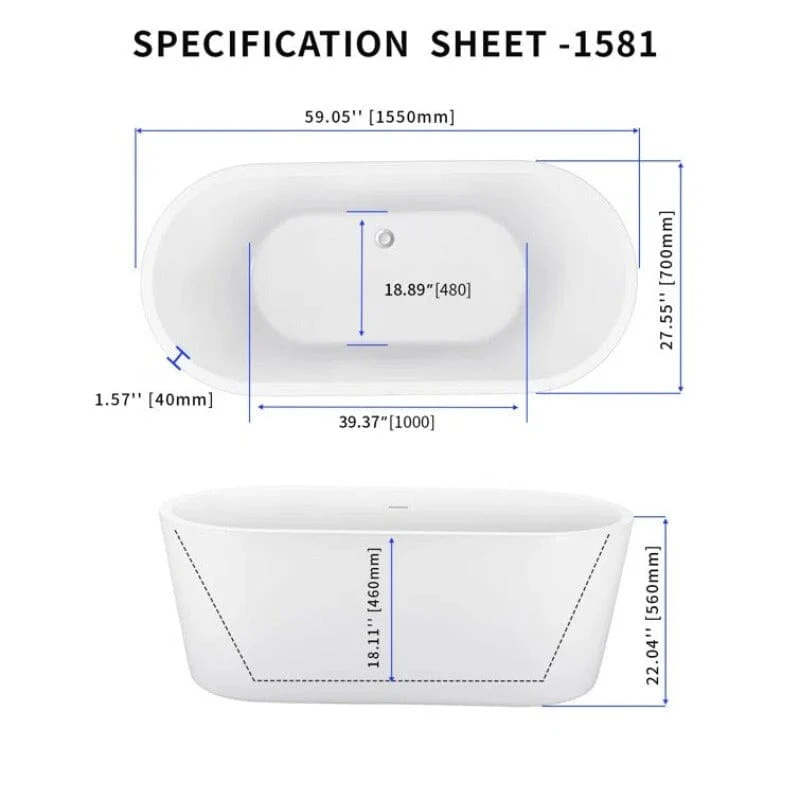 Mokleba 59 in. Acrylic Flatbottom Bathtub with Freestanding Drain Glossy White - Image 10