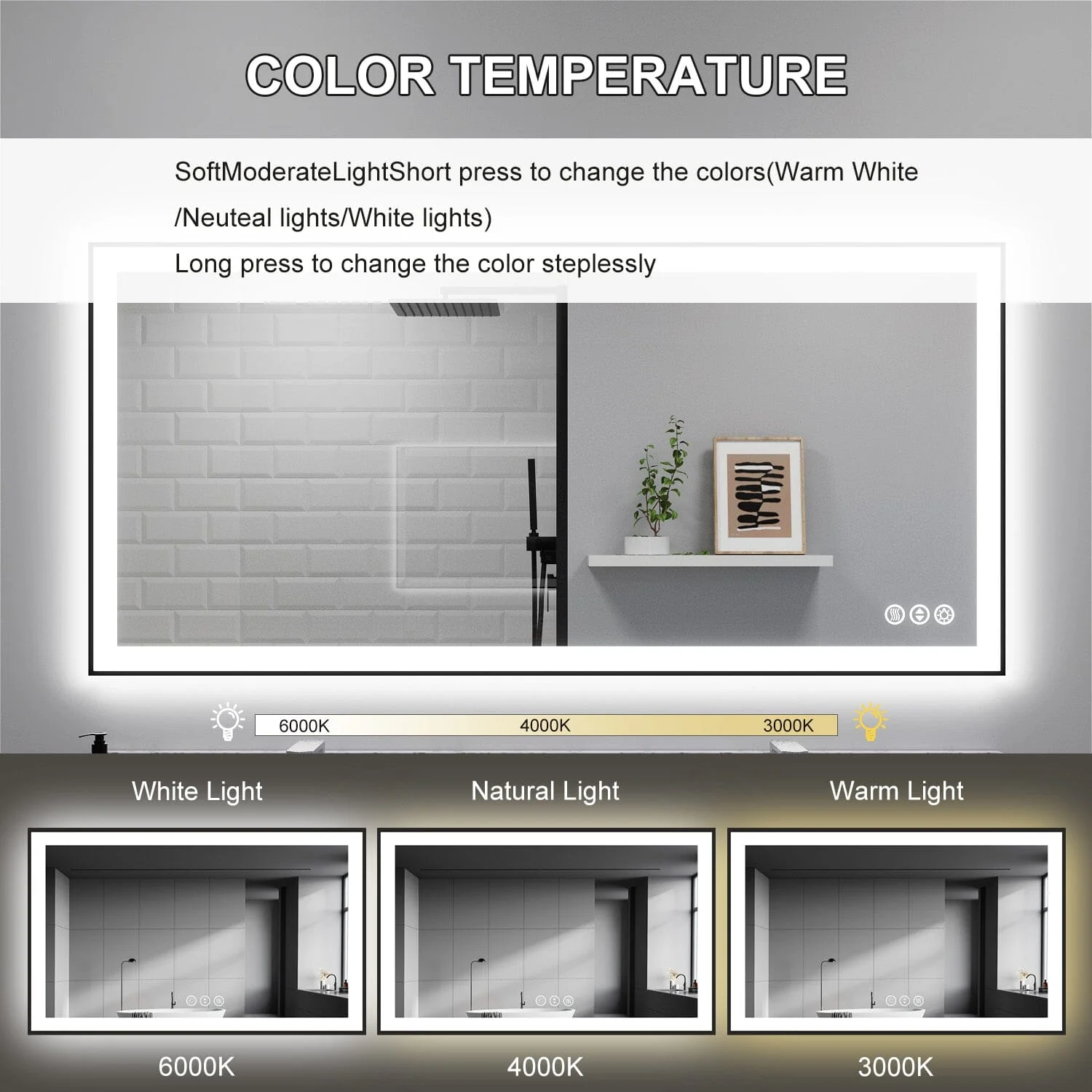 GIVING TREE 60"/72"/84" LED Bathroom Mirror with Black Frame, Anti-Fog, Shatter-Proof, Memory, 3 Colors - Image 13