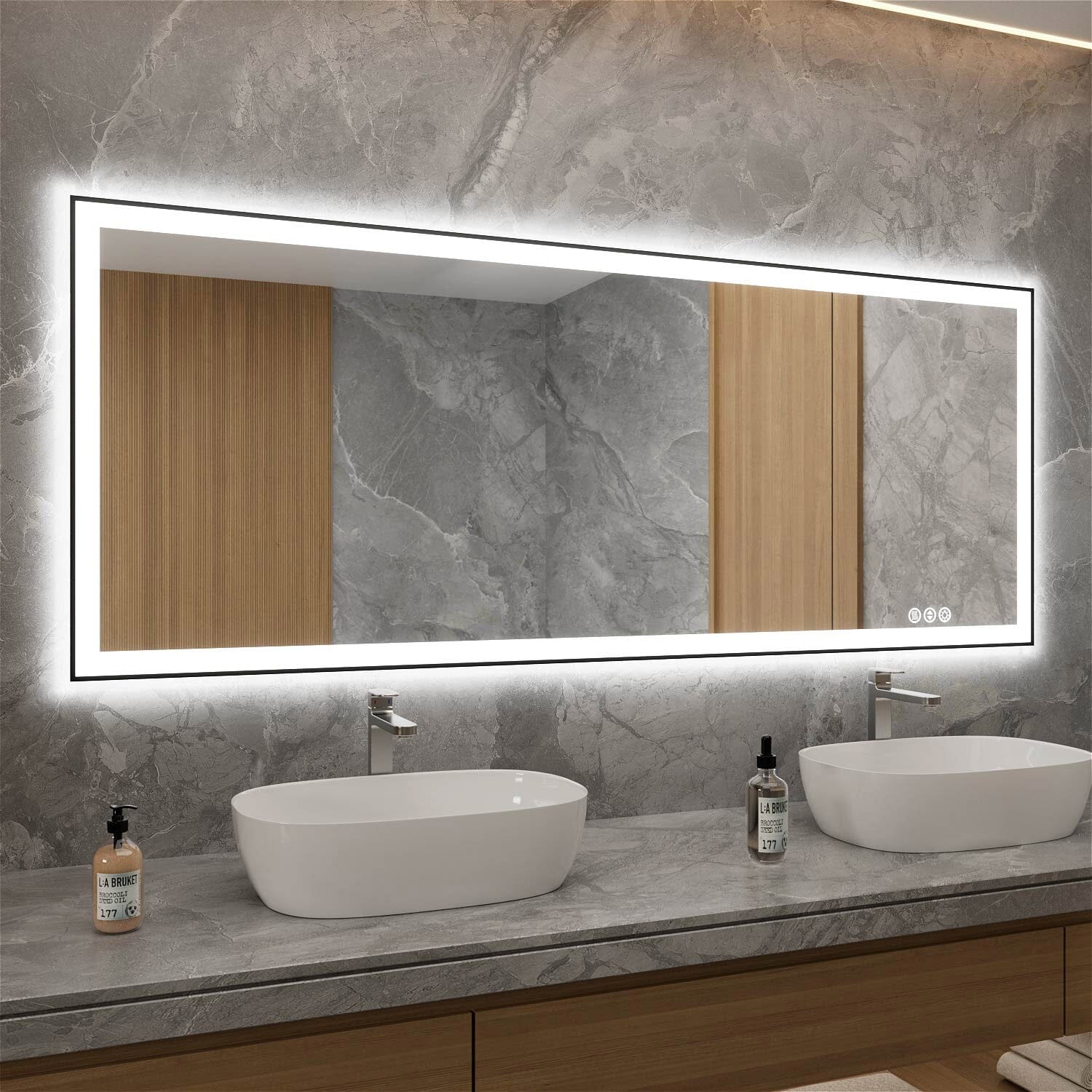 GIVING TREE 60"/72"/84" LED Bathroom Mirror with Black Frame, Anti-Fog, Shatter-Proof, Memory, 3 Colors - Image 2